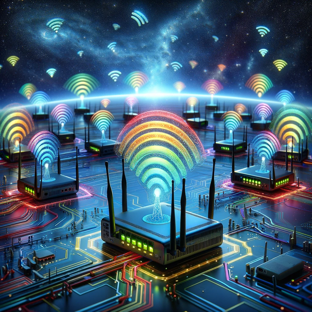 Wireless routers and devices emitting encrypted signals in a space-like setting, illustrating the protection offered by WPA3 and EAP protocols in wireless network security.