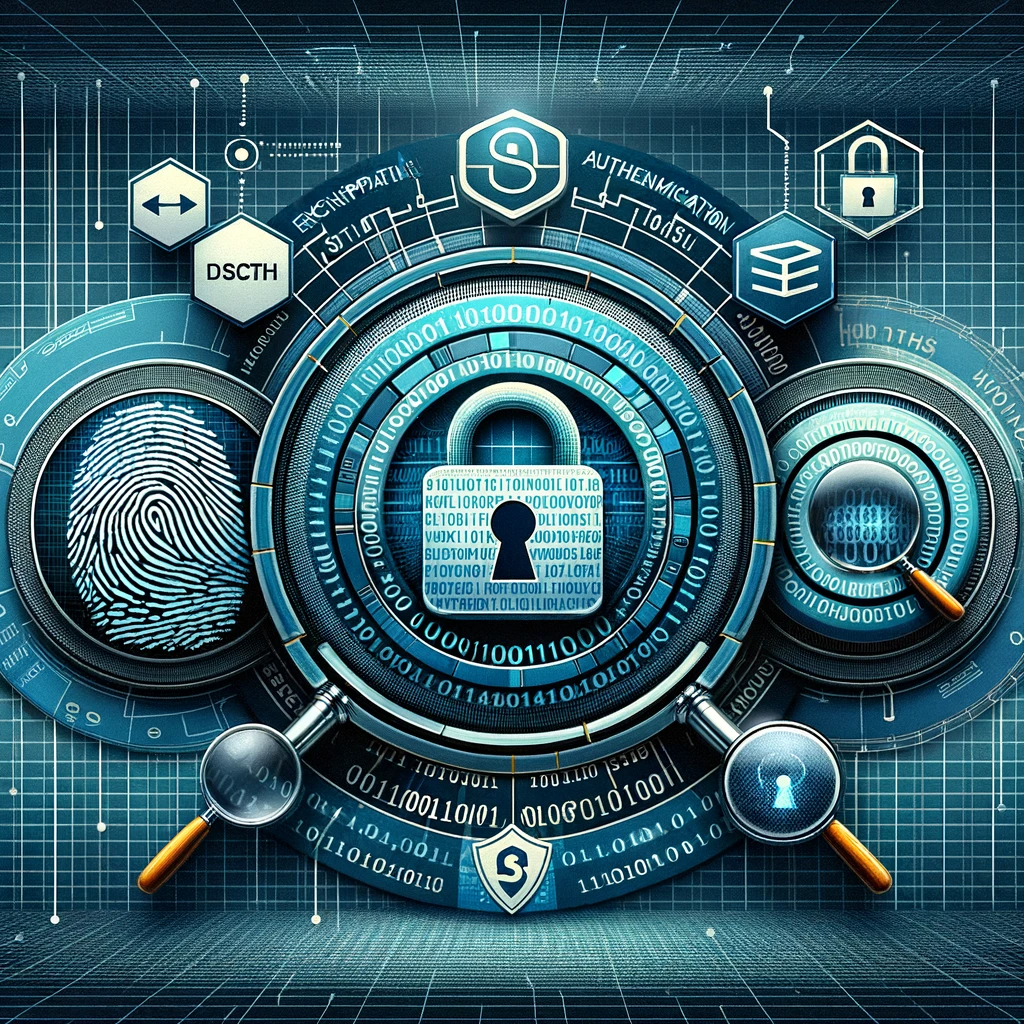 Collage of SSL/TLS encryption, SSH and Kerberos authentication, and SHA and MD5 integrity checks, showcasing the vital components of network security protocols.